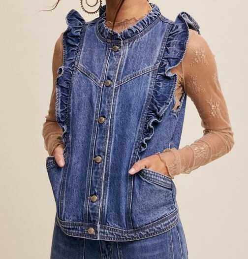 The Destiny Denim Vest: Ruffled Sleeveless Denim Vest - MomQueenBoutique
