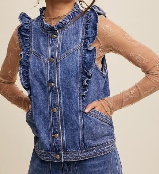 The Destiny Denim Vest: Ruffled Sleeveless Denim Vest - MomQueenBoutique