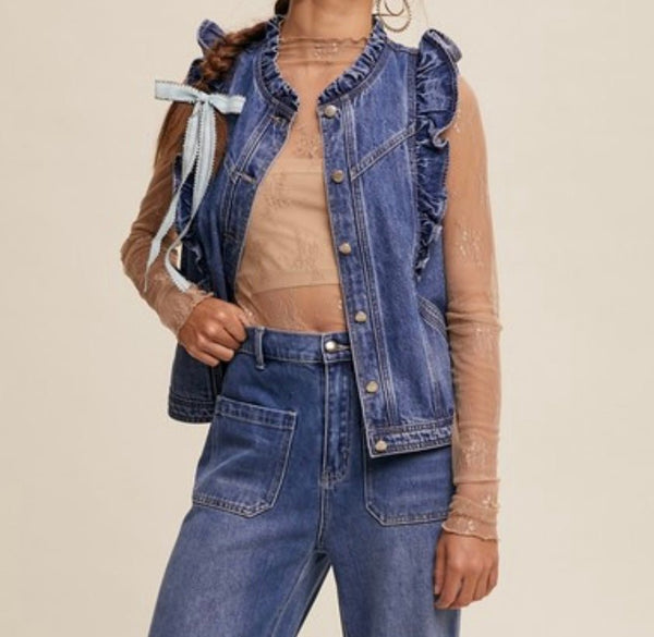 The Destiny Denim Vest: Ruffled Sleeveless Denim Vest - MomQueenBoutique