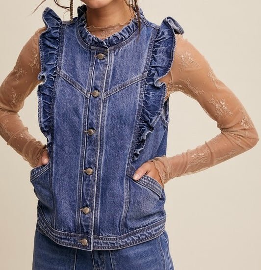 The Destiny Denim Vest: Ruffled Sleeveless Denim Vest - MomQueenBoutique