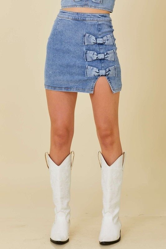 The Diane Skirt: Denim MiniSkirt With Bows - MomQueenBoutique