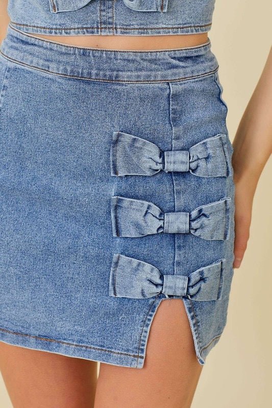 The Diane Skirt: Denim MiniSkirt With Bows - MomQueenBoutique