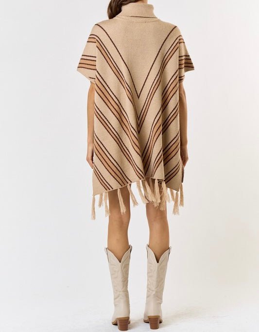 The Hallie Poncho Sweater: Striped Turtle Neck Tassel Sweater Poncho - MomQueenBoutique