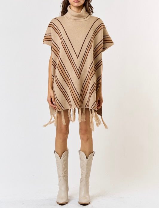 The Hallie Poncho Sweater: Striped Turtle Neck Tassel Sweater Poncho - MomQueenBoutique