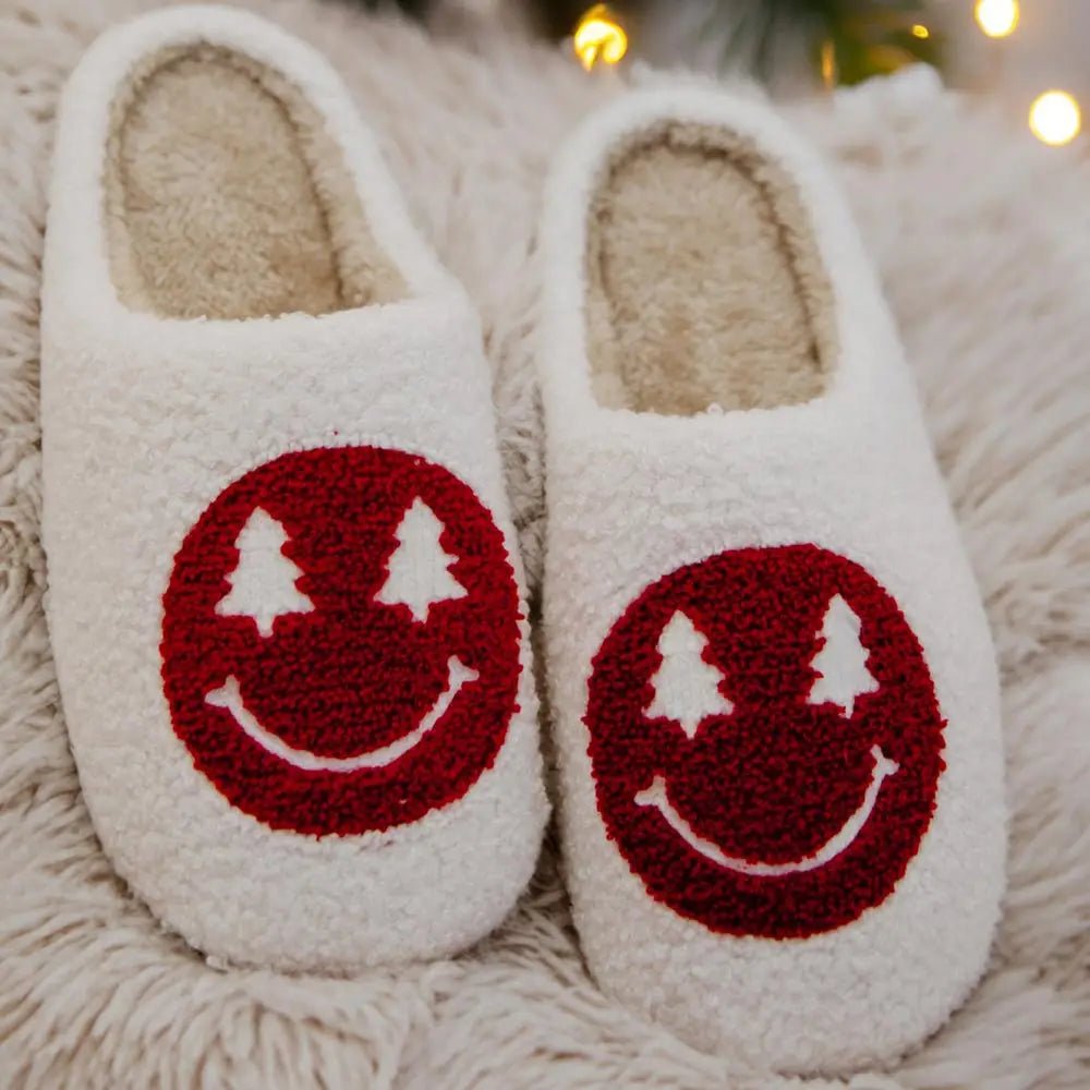 The Happy Christmas Slippers: Happy Face Christmas Tree Sherpa Slippers - MomQueenBoutique