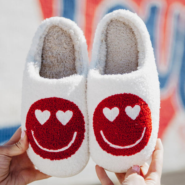 The Happy Love Slippers: Happy Face With Heart Eyes Sherpa Heart Slippers - MomQueenBoutique