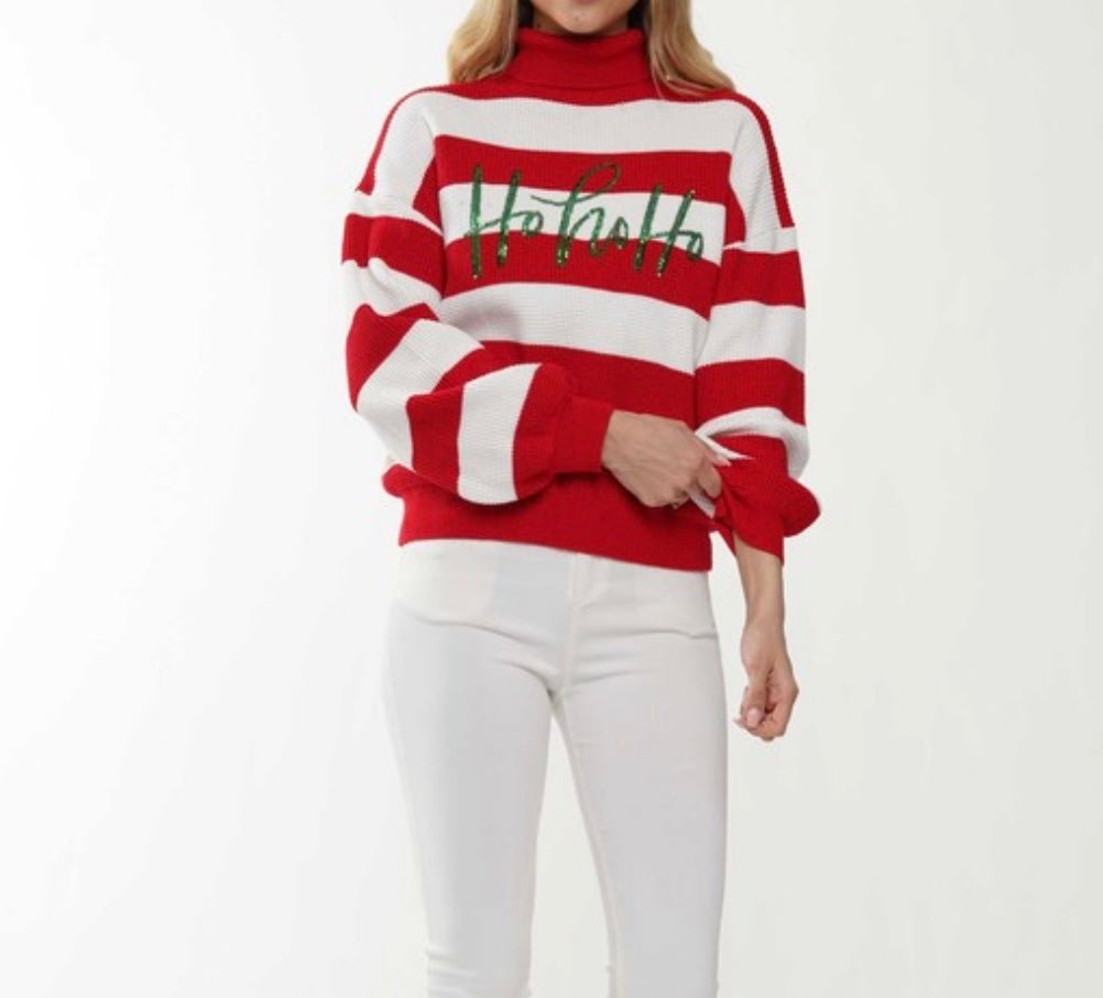 The HoHoHo Sweater: Red & White Striped Christmas Sweater - MomQueenBoutique