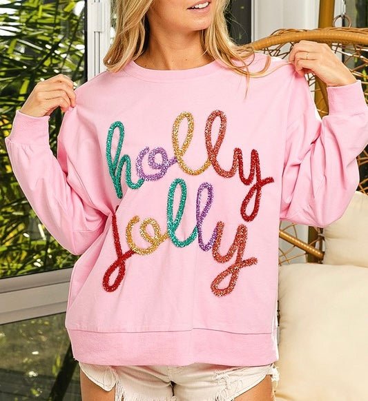 The Holly Jolly Sweater: Pink: Pink Christmas Sweatshirt - MomQueenBoutique