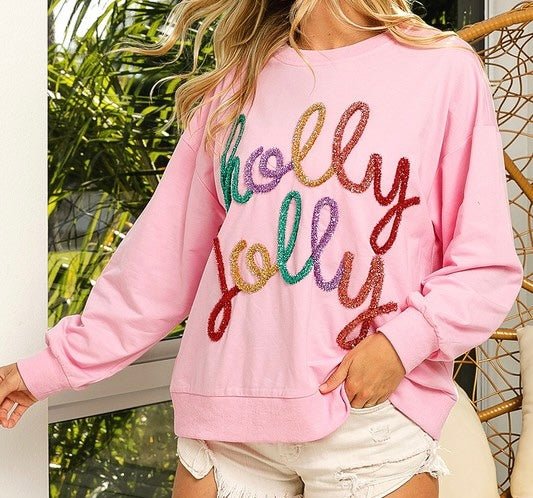 The Holly Jolly Sweater: Pink: Pink Christmas Sweatshirt - MomQueenBoutique