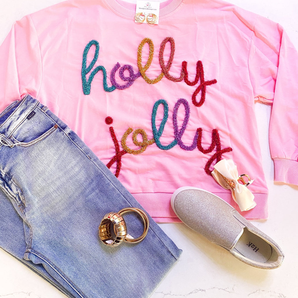 The Holly Jolly Sweater: Pink: Pink Christmas Sweatshirt - MomQueenBoutique