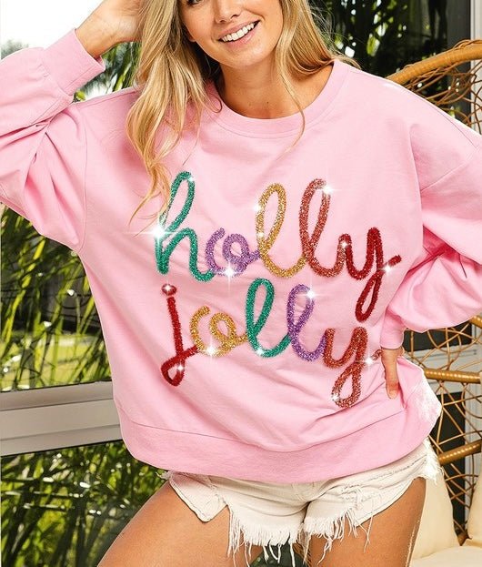 The Holly Jolly Sweater: Pink: Pink Christmas Sweatshirt - MomQueenBoutique