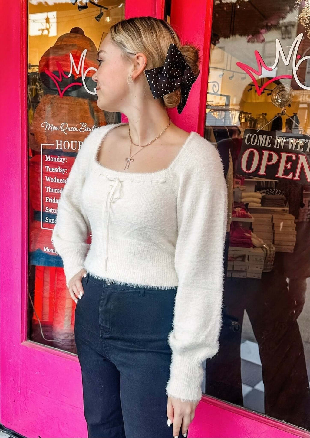 The Hope Sweater: Soft Smooth Long Sleeve Cream Bow Sweater - MomQueenBoutique