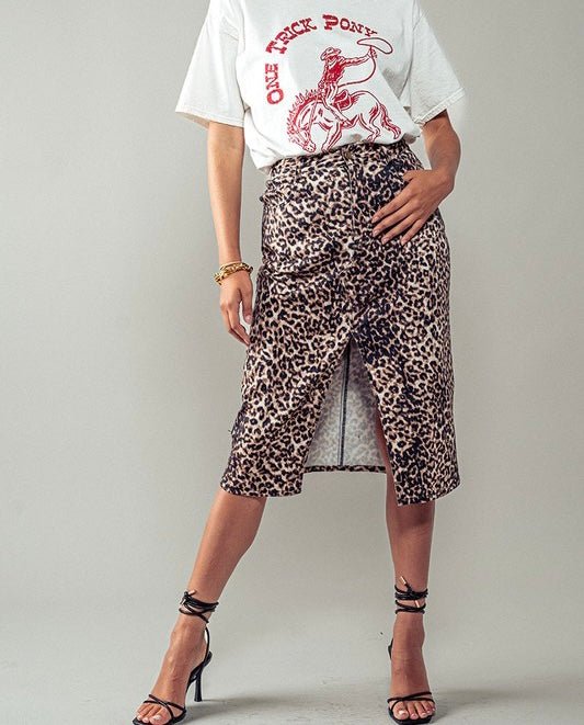 The Izzie Skirt: Leopard Print Denim Midi Skirt - MomQueenBoutique