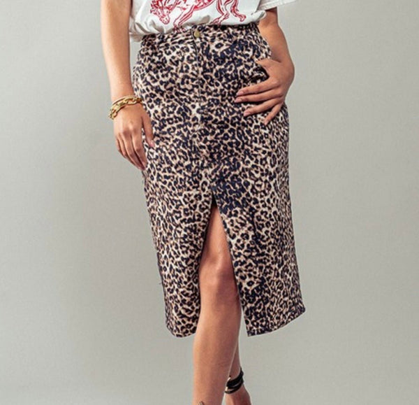 The Izzie Skirt: Leopard Print Denim Midi Skirt - MomQueenBoutique