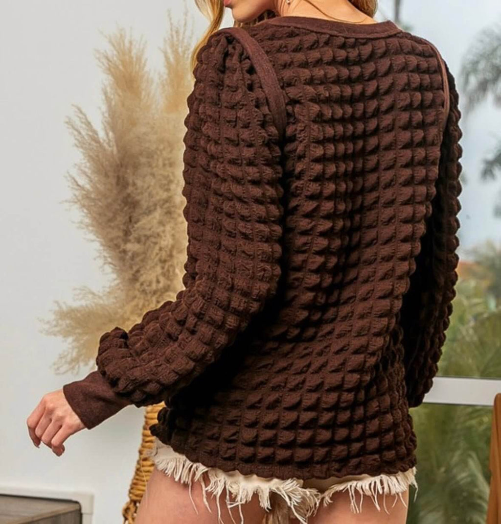 The Jackie Top: Brown Popcorn Puffed Long Sleeve Top - MomQueenBoutique