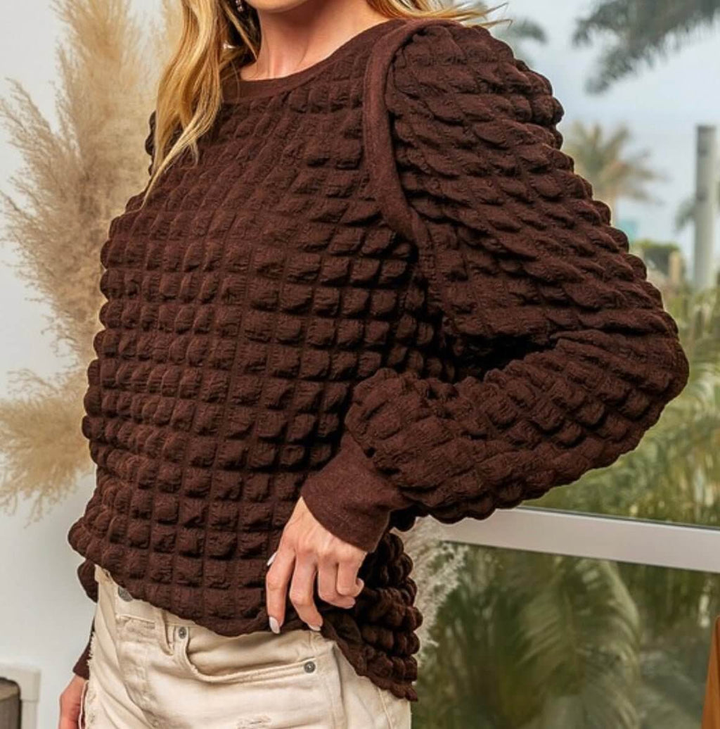 The Jackie Top: Brown Popcorn Puffed Long Sleeve Top - MomQueenBoutique