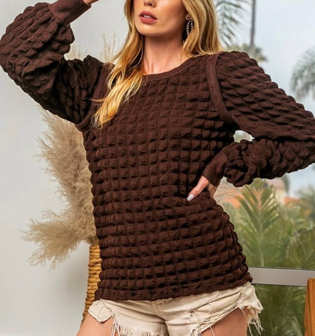 The Jackie Top: Brown Popcorn Puffed Long Sleeve Top - MomQueenBoutique