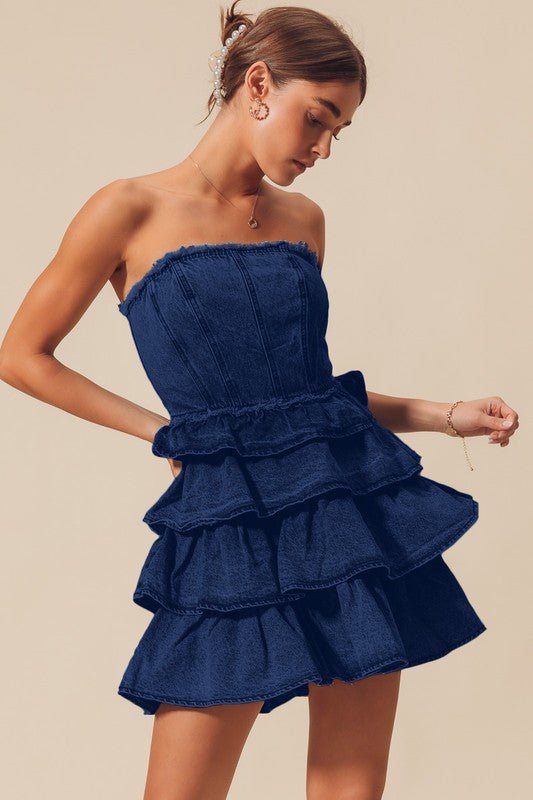 The Jean Dress: Strapless Ruffle Denim Dress - MomQueenBoutique