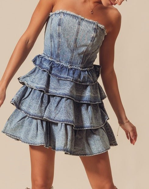 The Jean Dress: Strapless Ruffle Denim Dress - MomQueenBoutique