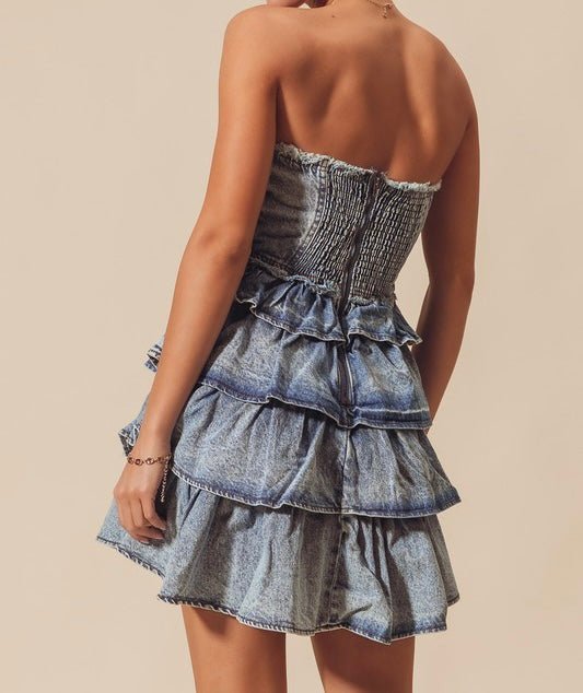 The Jean Dress: Strapless Ruffle Denim Dress - MomQueenBoutique