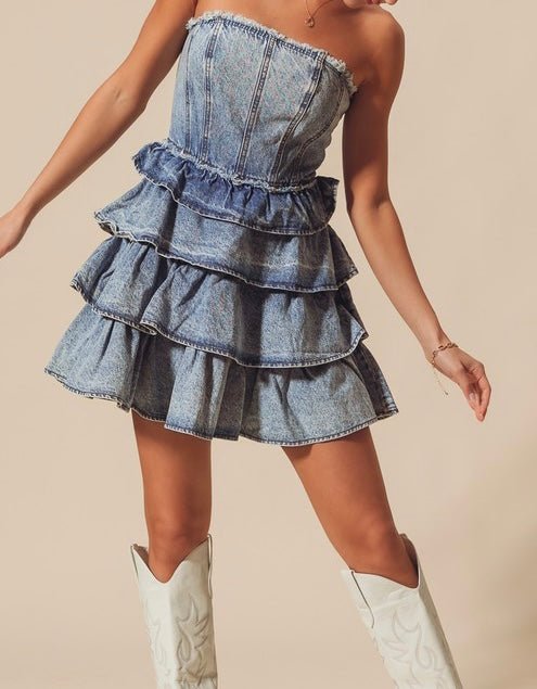 The Jean Dress: Strapless Ruffle Denim Dress - MomQueenBoutique