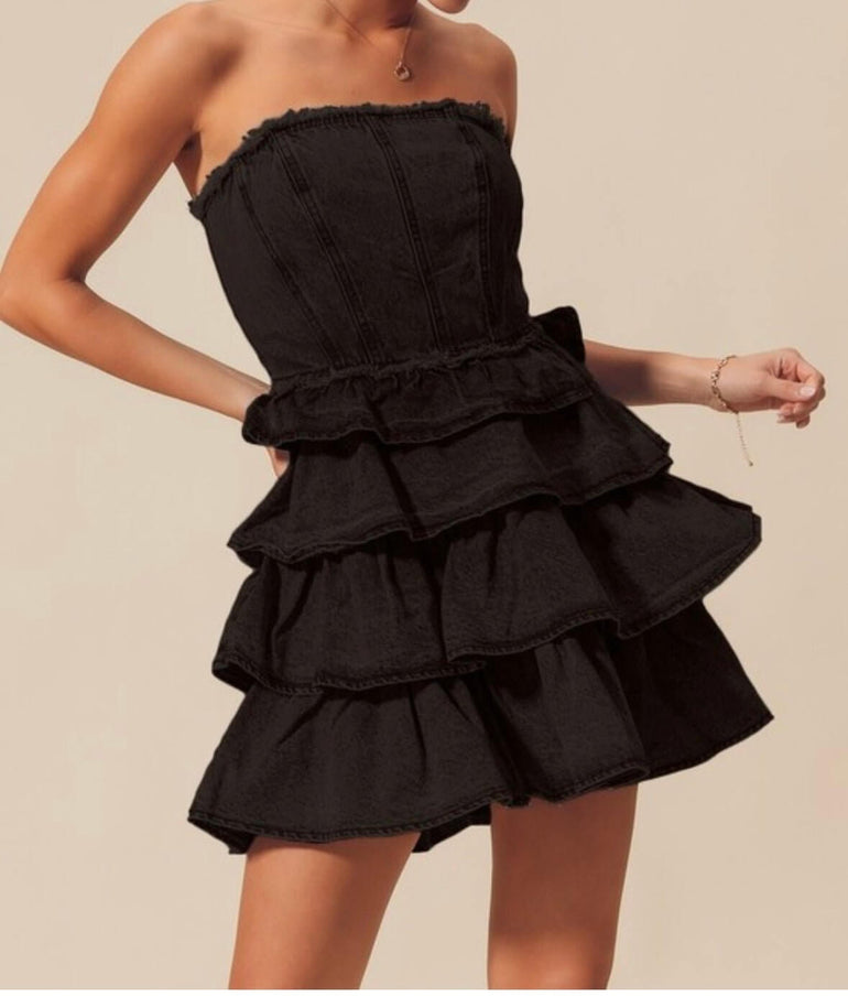 The Jean Dress: Strapless Ruffle Denim Dress– Mom Queen Boutique