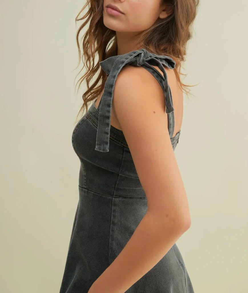 The Jemma Dress: Denim Bow Strap Dress - MomQueenBoutique