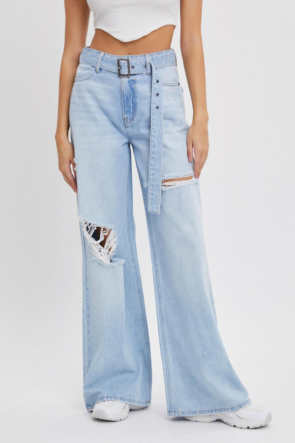 The Jenna Jeans- High Rise Wide Leg Belted Light Wash Jeans - MomQueenBoutique