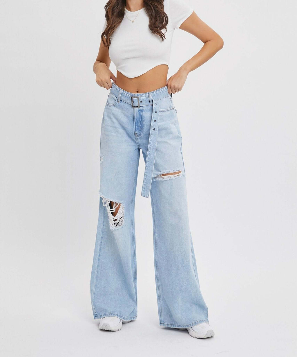 The Jenna Jeans- High Rise Wide Leg Belted Light Wash Jeans - MomQueenBoutique
