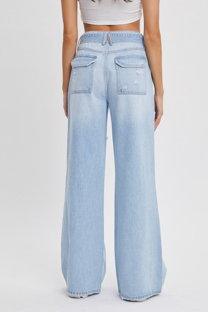 The Jenna Jeans- High Rise Wide Leg Belted Light Wash Jeans - MomQueenBoutique