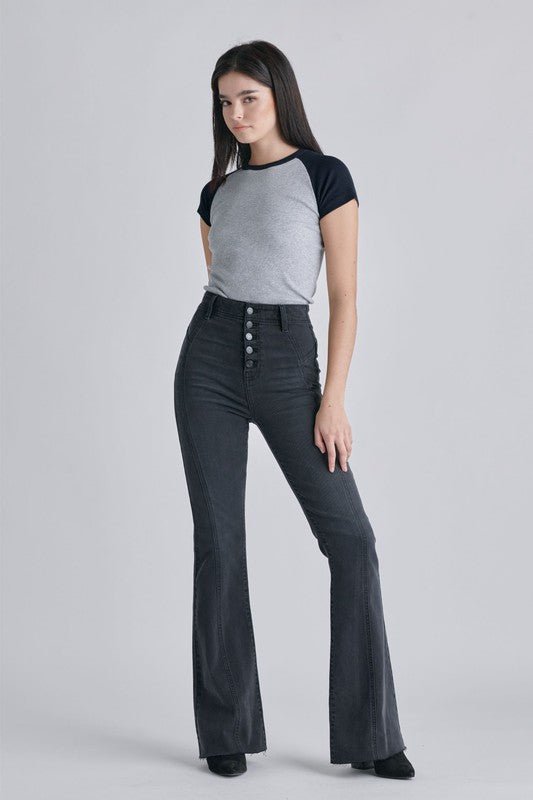 The Jessica Jeans: High Rise Stretchy Denim Flare Jeans - MomQueenBoutique