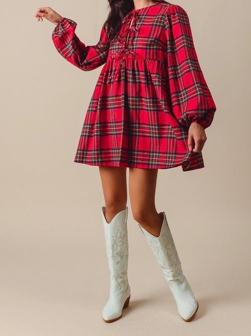 The Joy Dress: Red Plaid Bow Short Christmas Dress - MomQueenBoutique