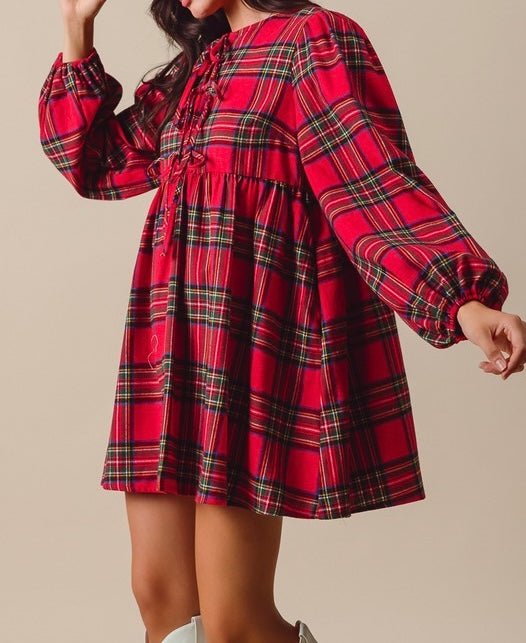 The Joy Dress: Red Plaid Bow Short Christmas Dress - MomQueenBoutique