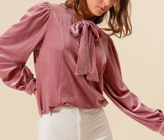The Kennedy Blouse: Pink Velvet Bow Top - MomQueenBoutique