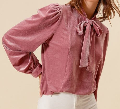 The Kennedy Blouse: Pink Velvet Bow Top - MomQueenBoutique