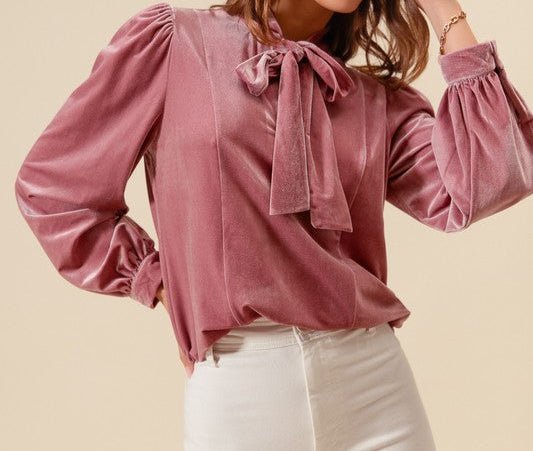 The Kennedy Blouse: Pink Velvet Bow Top - MomQueenBoutique