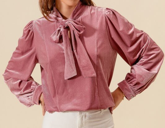 The Kennedy Blouse: Pink Velvet Bow Top - MomQueenBoutique