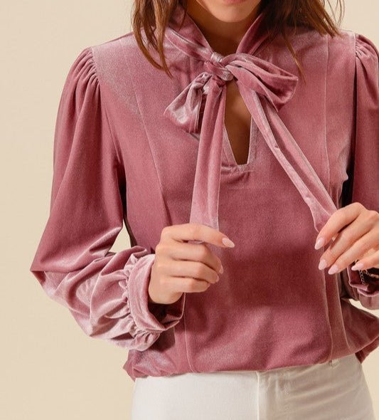 The Kennedy Blouse: Pink Velvet Bow Top - MomQueenBoutique