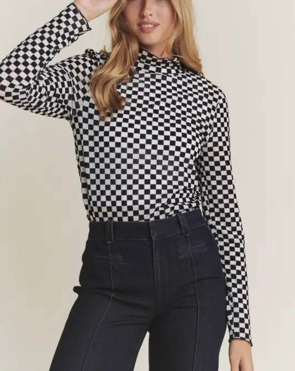 The Lillian Top: Checkered Mesh Long Sleeve Top - MomQueenBoutique
