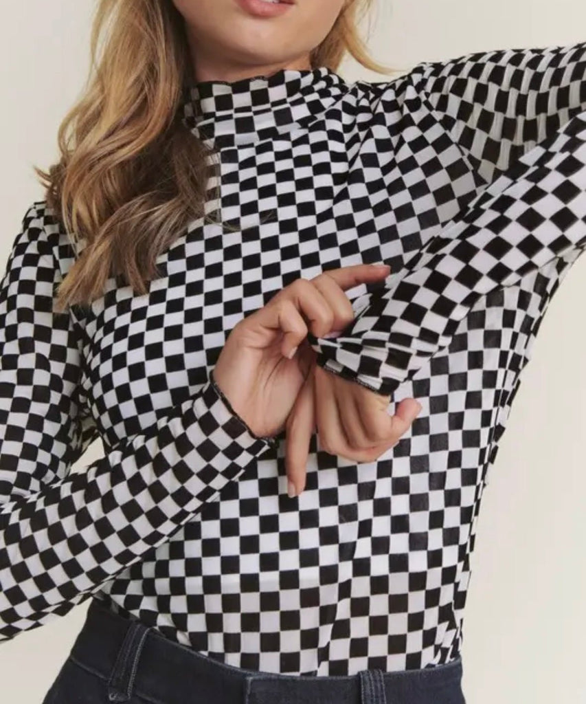 The Lillian Top: Checkered Mesh Long Sleeve Top - MomQueenBoutique