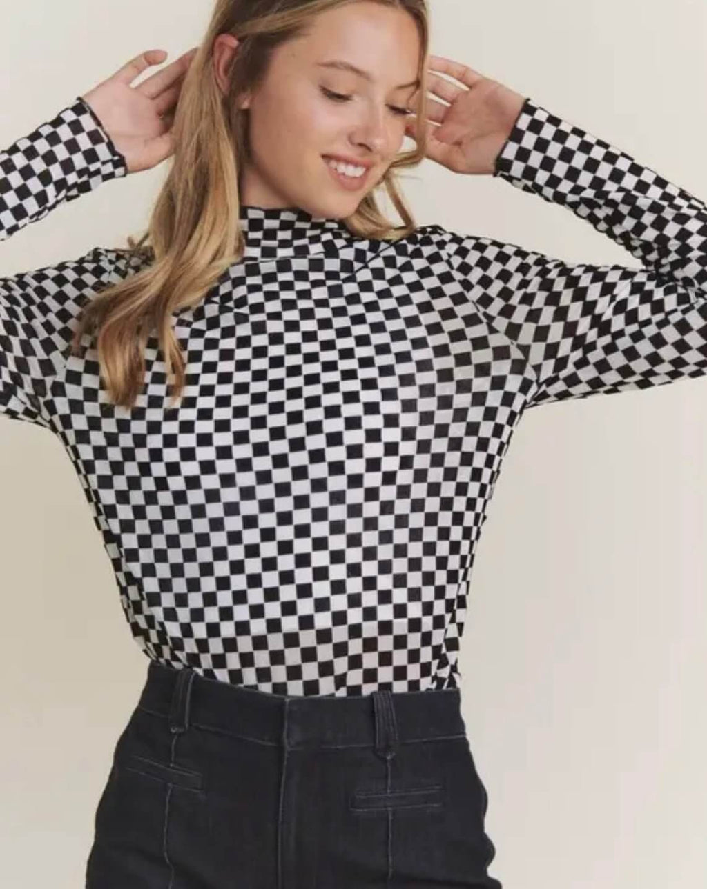 The Lillian Top: Checkered Mesh Long Sleeve Top - MomQueenBoutique