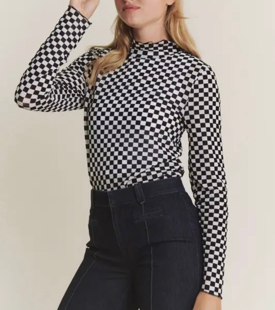 The Lillian Top: Checkered Mesh Long Sleeve Top - MomQueenBoutique