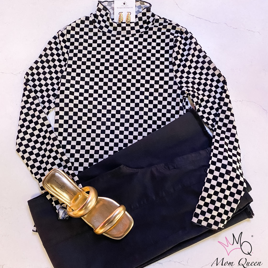 The Lillian Top: Checkered Mesh Long Sleeve Top - MomQueenBoutique