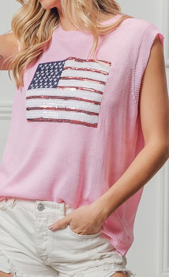 The Make America Pink Sweater: Sleeveless Pink American Flag Sweater - MomQueenBoutique