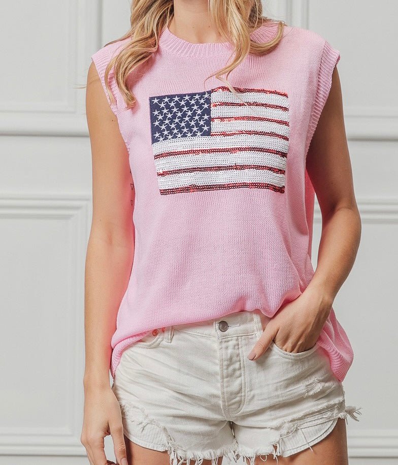 The Make America Pink Sweater: Sleeveless Pink American Flag Sweater - MomQueenBoutique