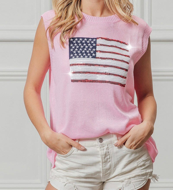 The Make America Pink Sweater: Sleeveless Pink American Flag Sweater - MomQueenBoutique