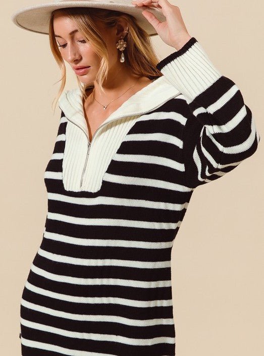 The Marley Sweater Dress: Black & White Striped Sweater Dress - MomQueenBoutique