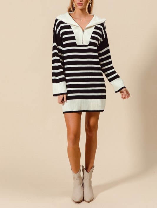 The Marley Sweater Dress: Black & White Striped Sweater Dress - MomQueenBoutique