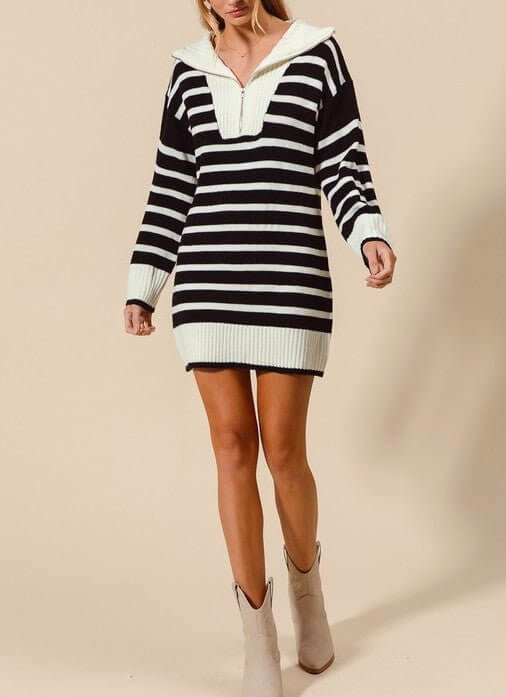 The Marley Sweater Dress: Black & White Striped Sweater Dress - MomQueenBoutique
