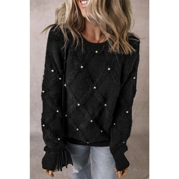 The Melanie Sweater: Black Sweater White White Pearls - MomQueenBoutique